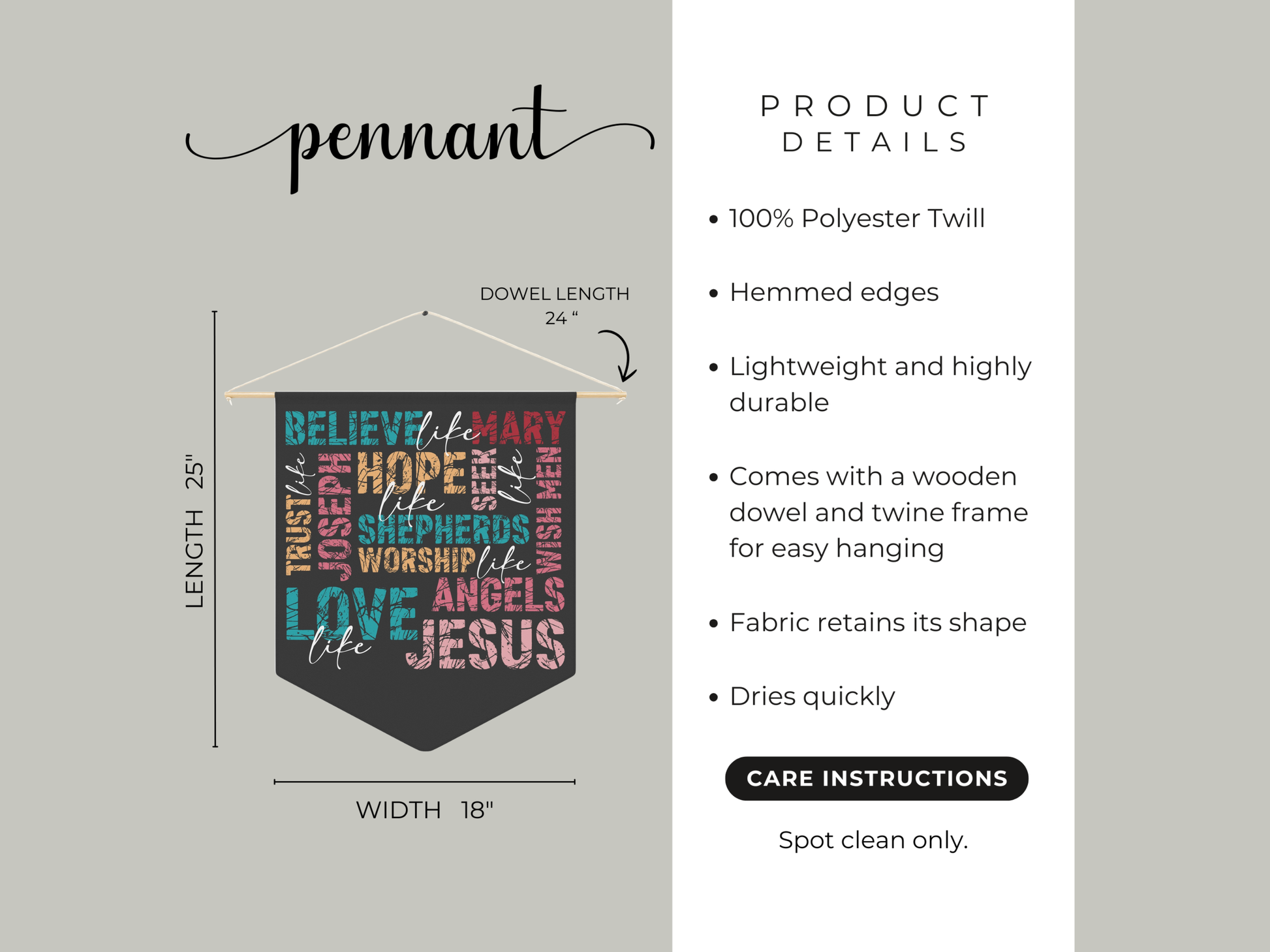 Product details of a pennant with text and dimensions on a gray background