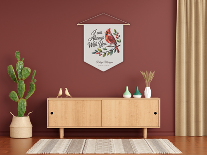 Decorative wall pennant with a cardinal design in a room with a wooden cabinet, plants, and a rug.