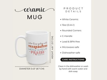 White ceramic mug with text and product details on a light background