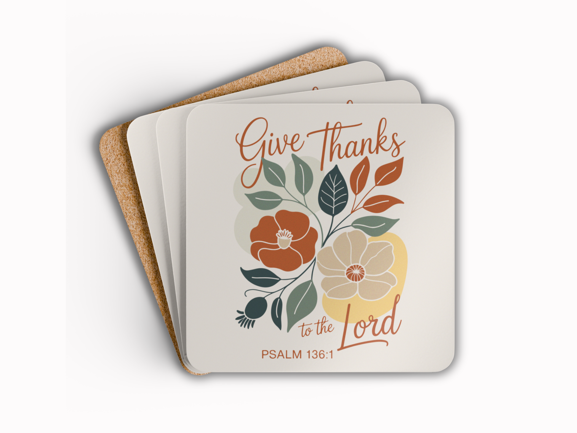 Set of coasters with floral design and 'Give Thanks to the Lord' text on a white background