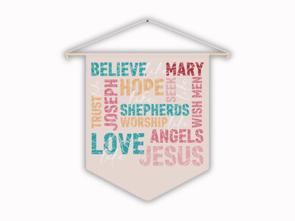 Decorative banner with religious text in pastel colors on a white background