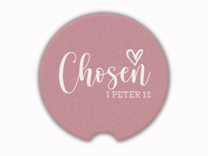 Pink car coaster with 'Chosen I Peter 1:2' text on a white background