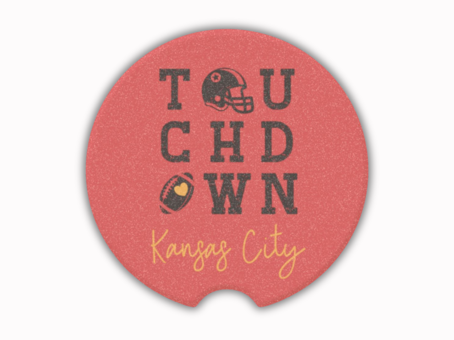 Red car coaster with 'Touchdown Kansas City' text and football graphics on a white background