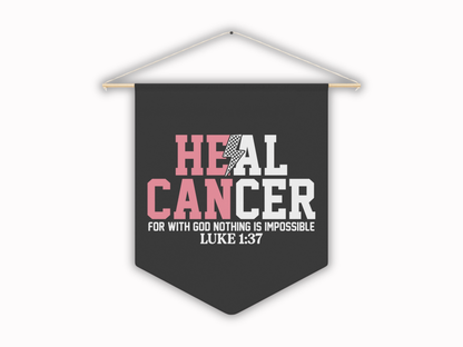 Black pennant banner with pink and white text on a white background