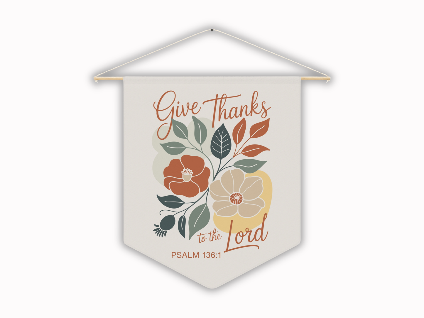Decorative banner with floral design and 'Give Thanks to the Lord' text on a white background