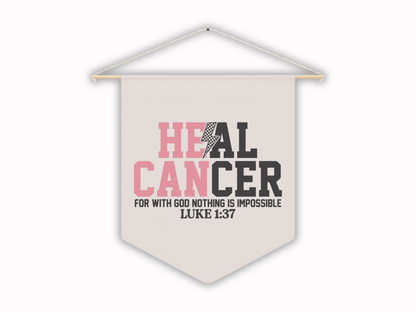 Canvas banner with 'HEAL CANCER' text and Bible verse on a white background