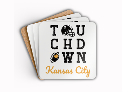 Set of coasters with 'Touchdown Kansas City' design on a white background