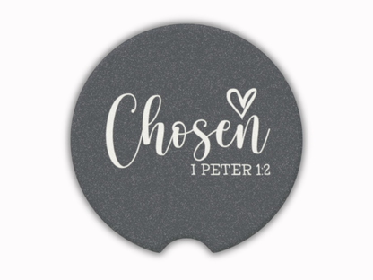 Navy coaster with 'Chosen I Peter 1:2' text on a white background