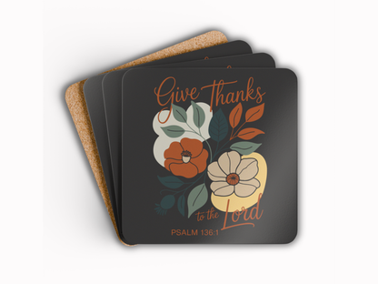 Set of coasters with floral design and 'Give Thanks to the Lord' text on a white background