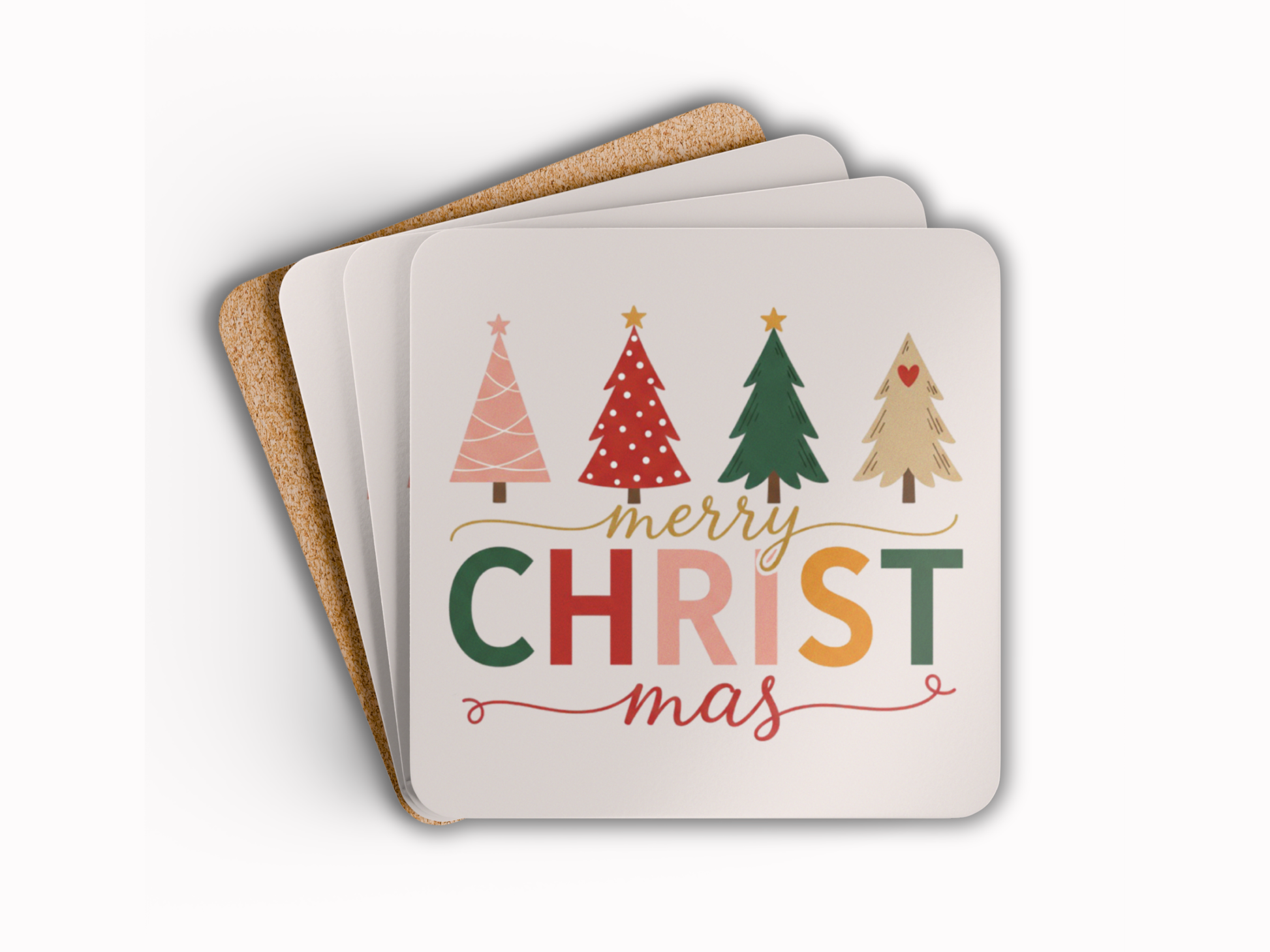 Set of coasters with Christmas tree design and 'Merry Christmas' text on a white background