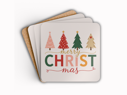 Set of coasters with Christmas tree design and 'Merry Christmas' text on a white background