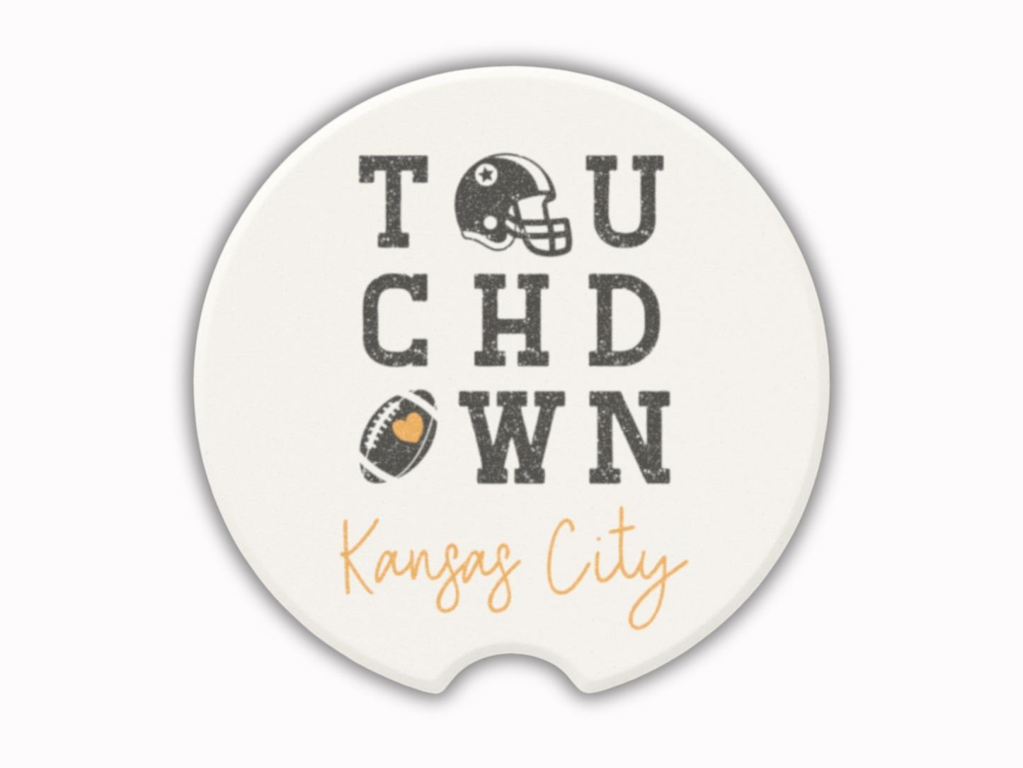 Ceramic car coaster with 'Touchdown Kansas City' text and football graphics on a white background