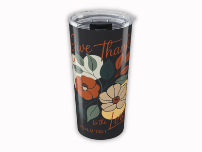 Tumbler with floral design and 'Give Thanks' text on a white background