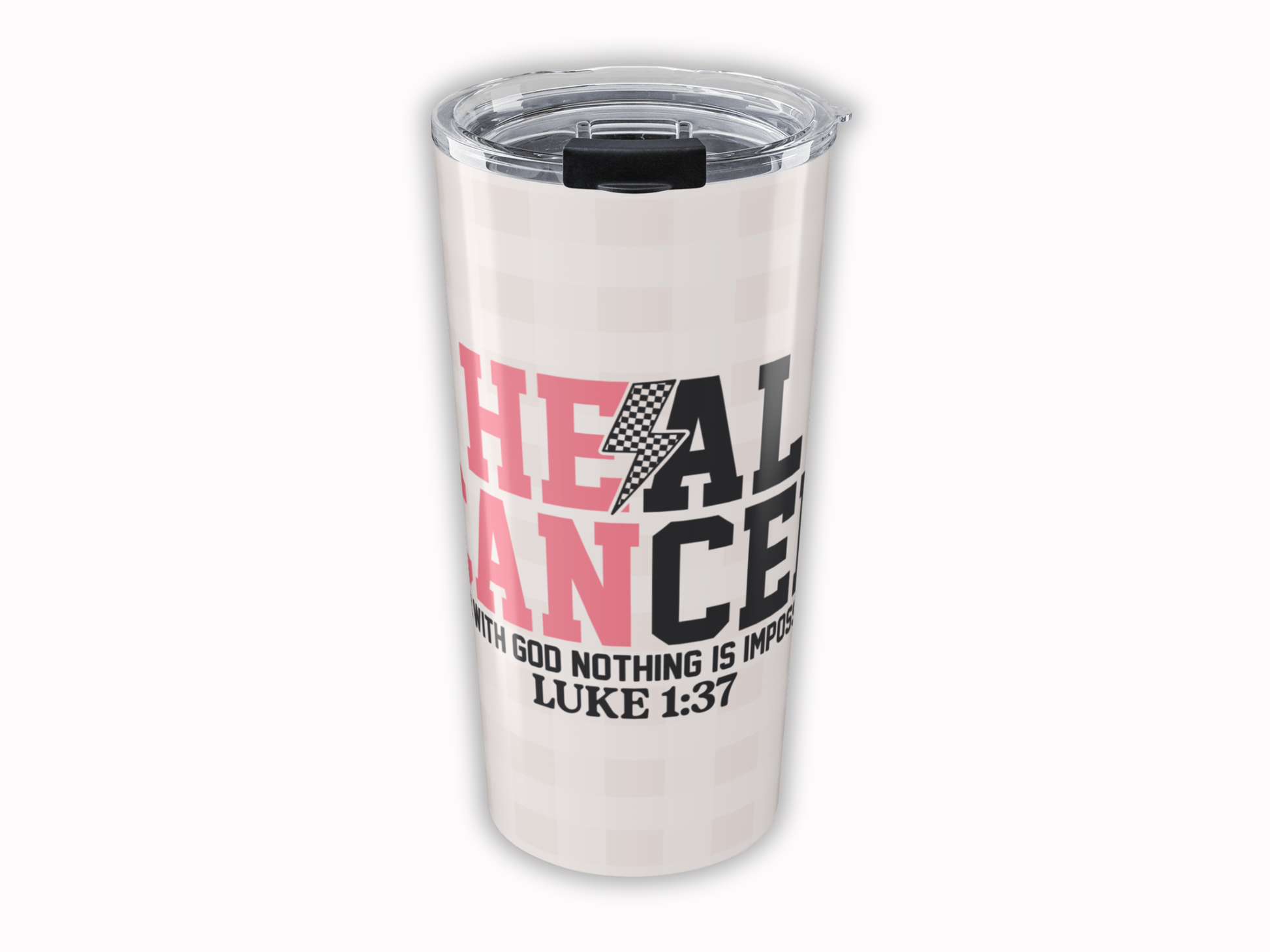 Pink plaid tumbler with motivational quote and lightning bolt design on a white background