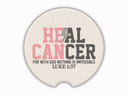 Round car coaster with 'HEAL CANCER' text and Bible verse on a white background