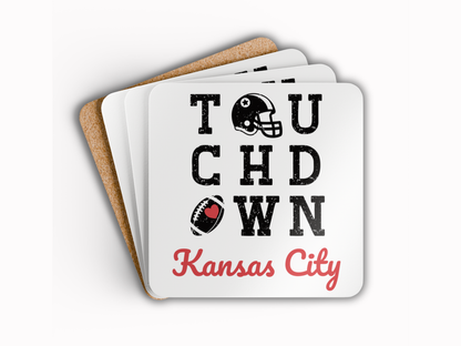 Stack of coasters with 'Touchdown Kansas City' design on a white background