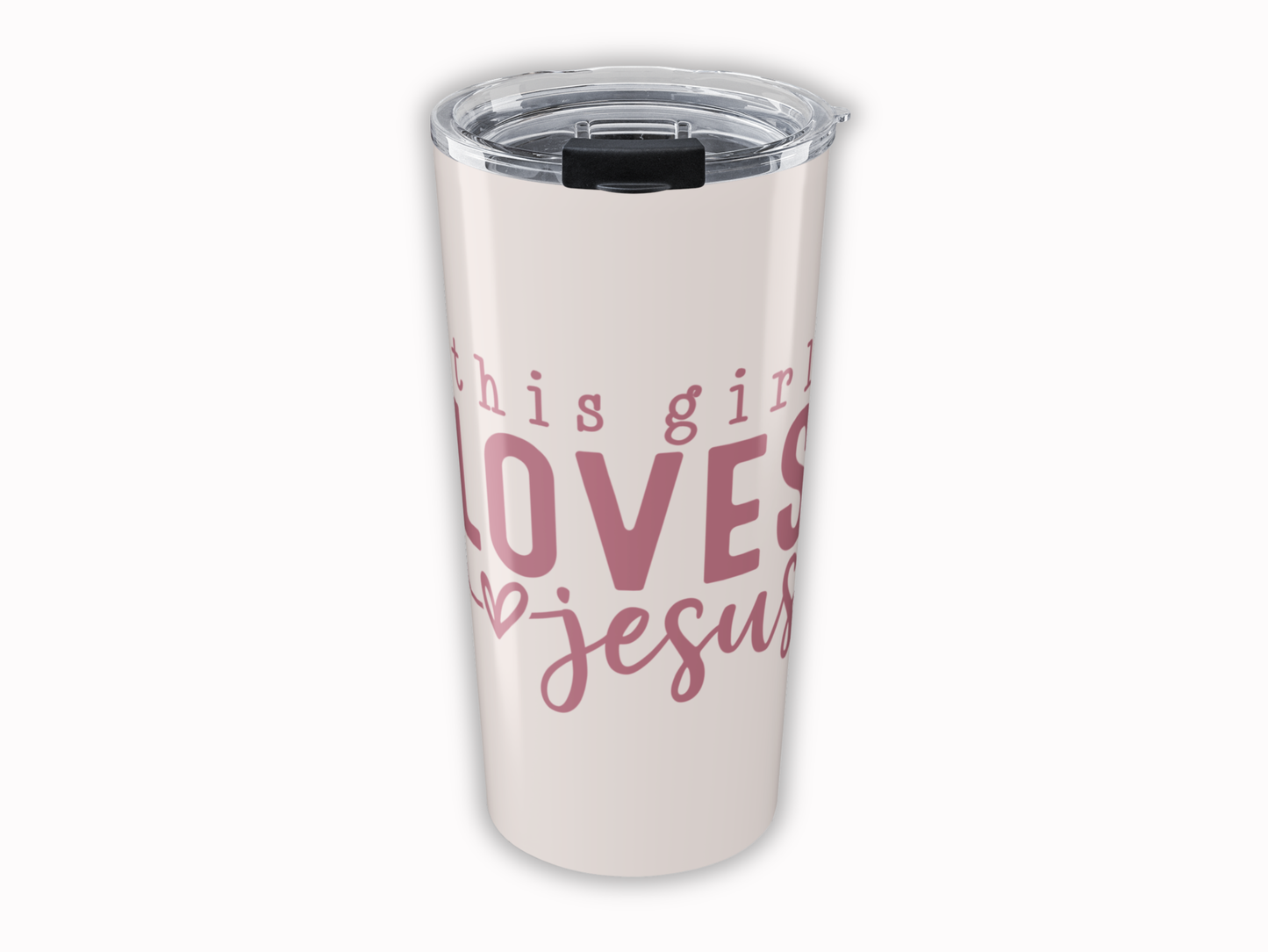 Tumbler with 'This girl loves Jesus' text on a white background