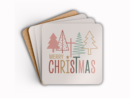 Set of coasters with Christmas tree designs and 'Merry Christmas' text on a white background.