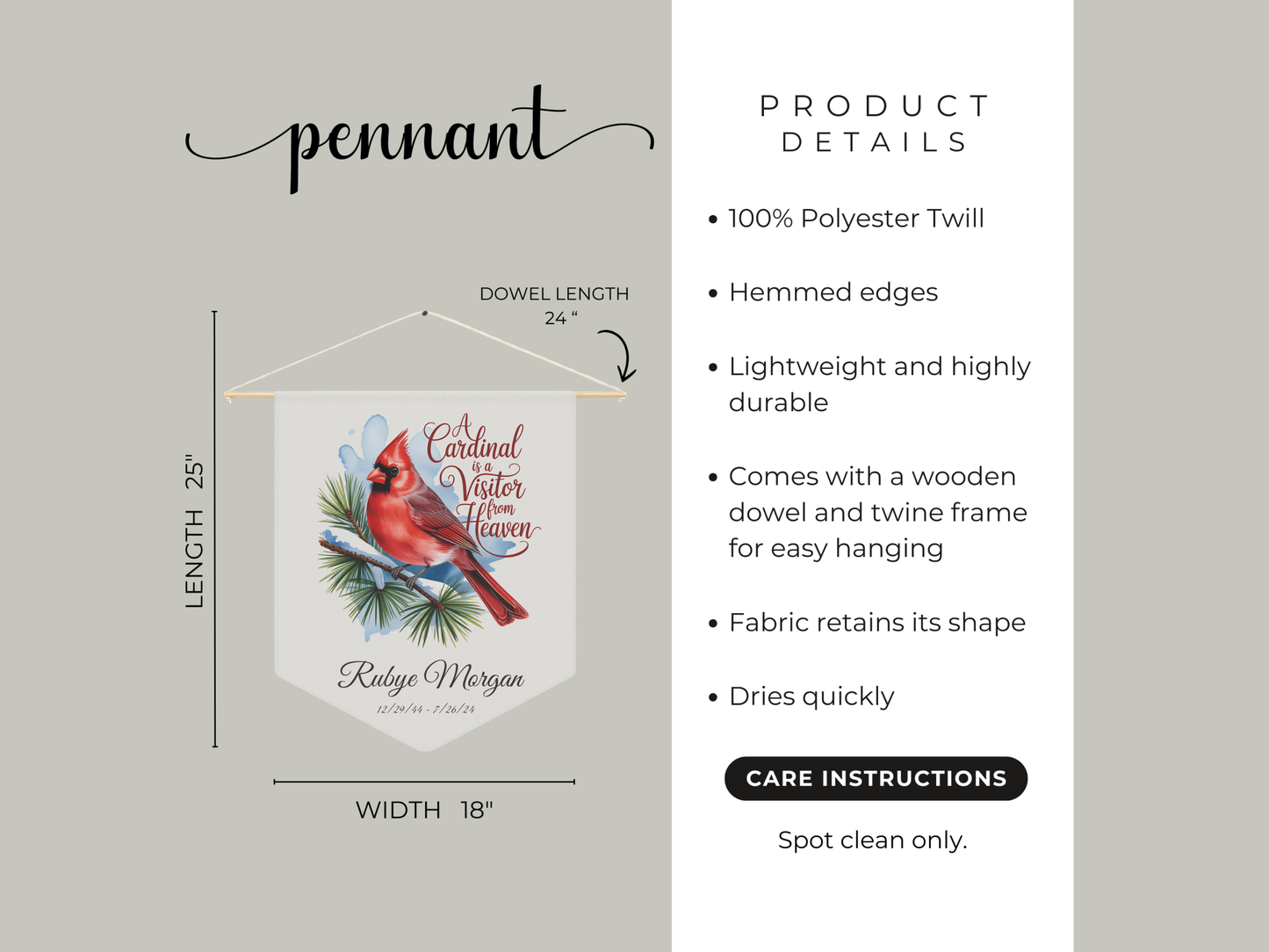 Product details of a decorative pennant with a cardinal design on a gray background.