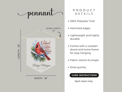 Product details of a decorative pennant with a cardinal design on a gray background.