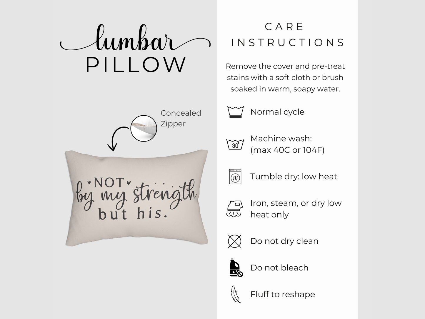 Lumbar pillow with the text "Not by my strength but his" in cursive. Care instructions beside it detail washing, drying, and reshaping methods.