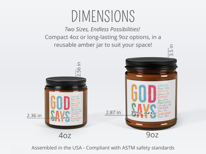Two amber jars with black lids, labeled "GOD SAYS you are." The 4oz jar is 2.56 inches tall, the 9oz jar is 3.5 inches. Text highlights inspirational words.