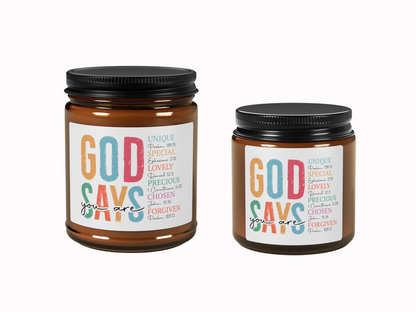 Two brown glass jars with black lids feature colorful labels. The text reads: "God says you are unique, special, lovely, precious, chosen, forgiven," with corresponding Bible verses.