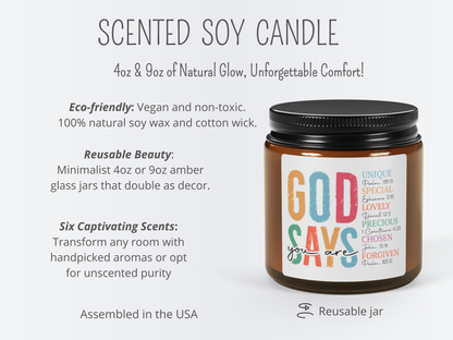 Amber glass jar with black lid labeled "God Says You Are," surrounded by descriptive text highlighting eco-friendly, vegan soy candles in 4oz and 9oz sizes, featuring reusable jars and six scent options.
