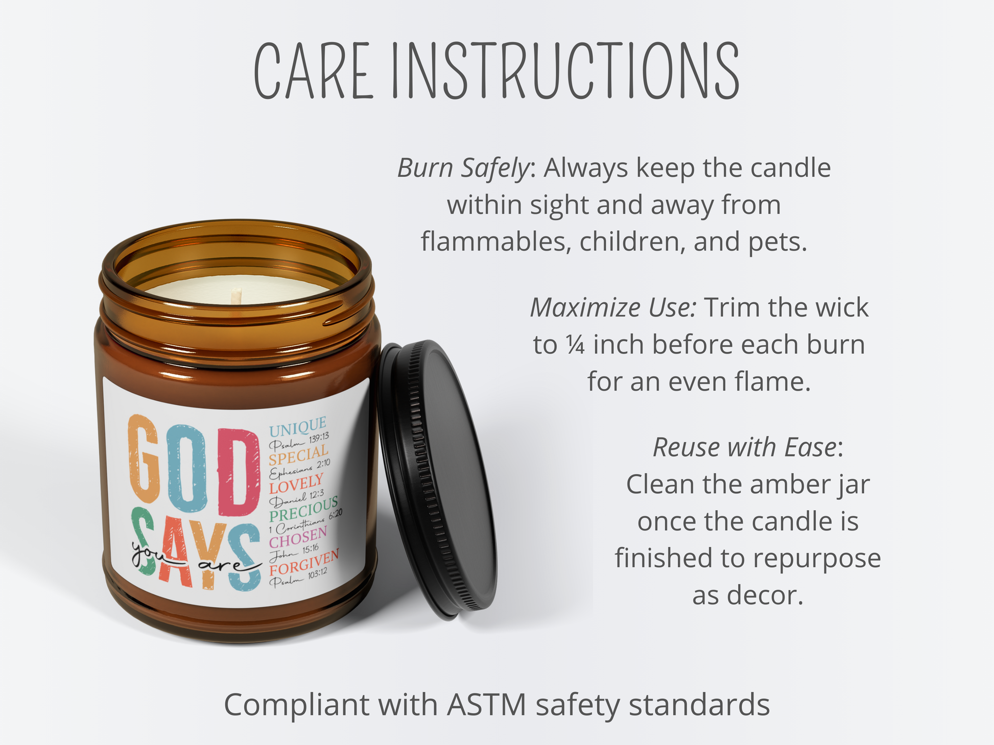 Amber jar candle labeled "God Says," accompanied by care instructions: burn safely, trim wick, and reuse jar. Compliant with ASTM safety standards.
