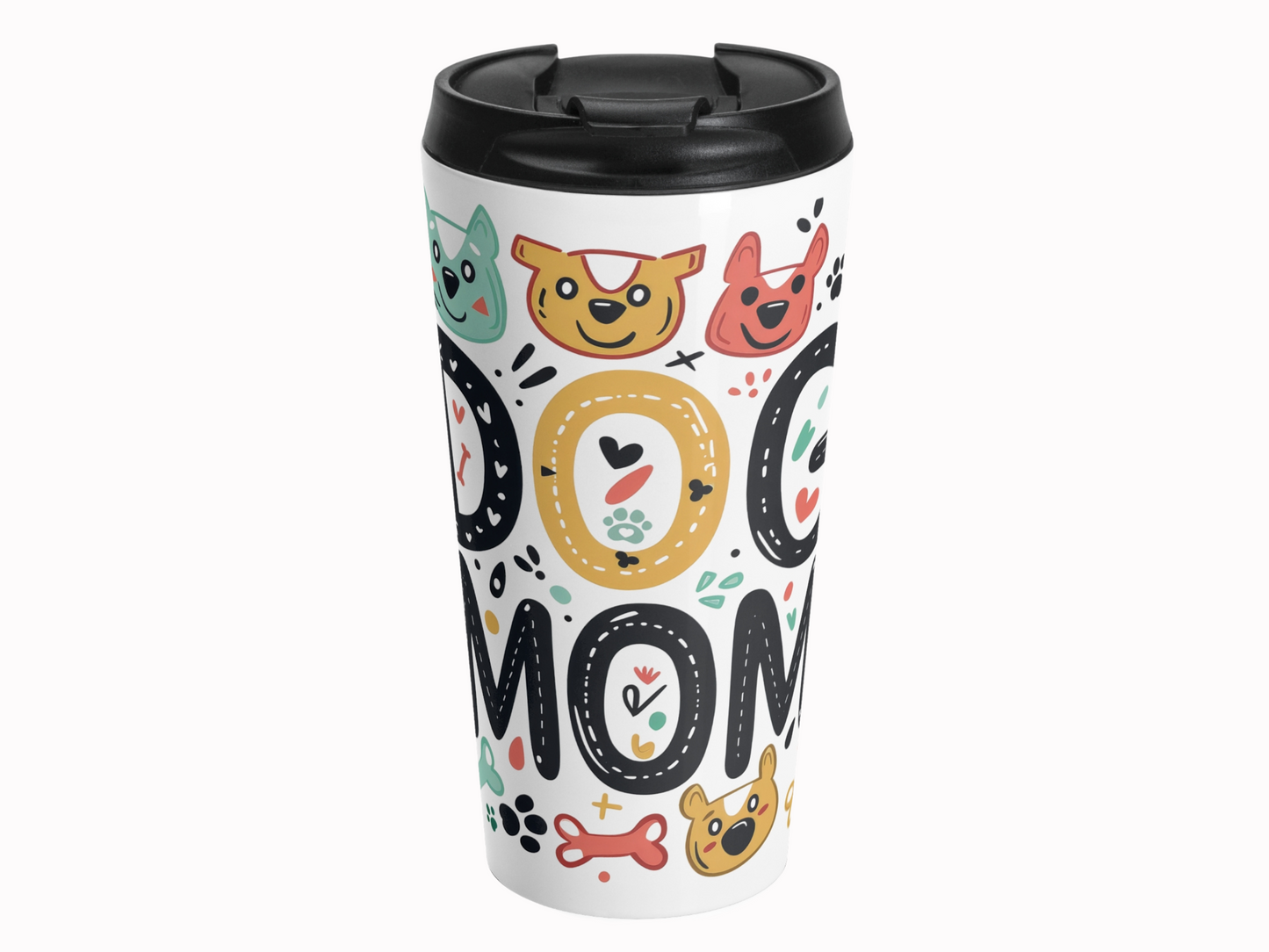 Travel mug featuring colorful cartoon dog faces and playful patterns. Bold text reads "Dog Mom," exuding a cheerful and fun vibe.