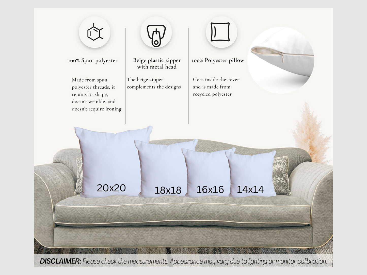 Couch with four white pillows labeled 20x20 to 14x14. Text highlights spun polyester and beige zipper features. Neutral, calming tones.