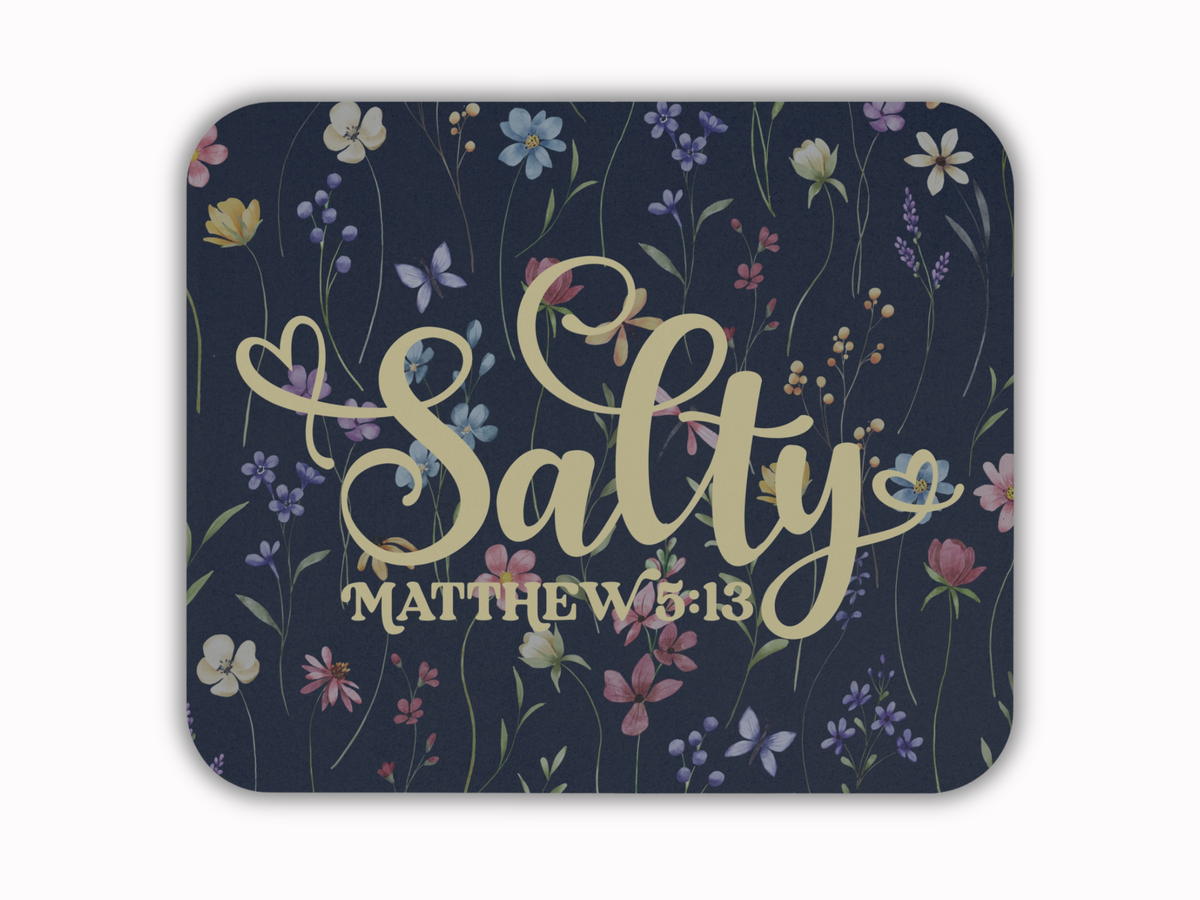 A dark blue square with rounded corners featuring the words "Salty" and "Matthew 5:13" in large, elegant beige script. Colorful flowers and delicate stems surround the text, creating a whimsical, serene atmosphere.