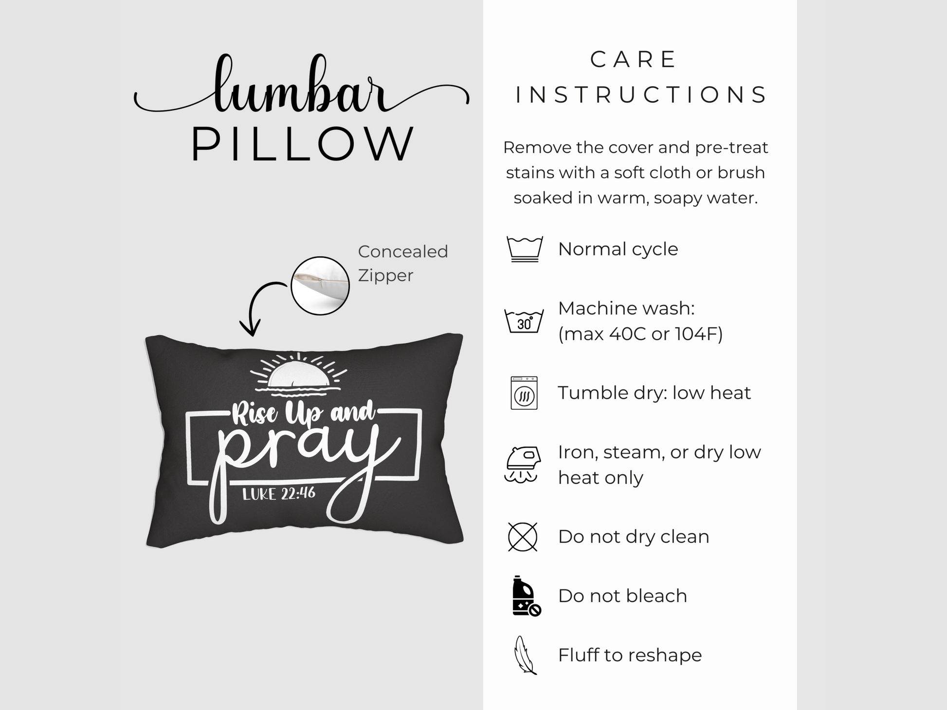 Lumbar pillow with "Rise Up and Pray" text and sun design on black. Includes care instructions: wash normal cycle, low heat dry, no bleach.