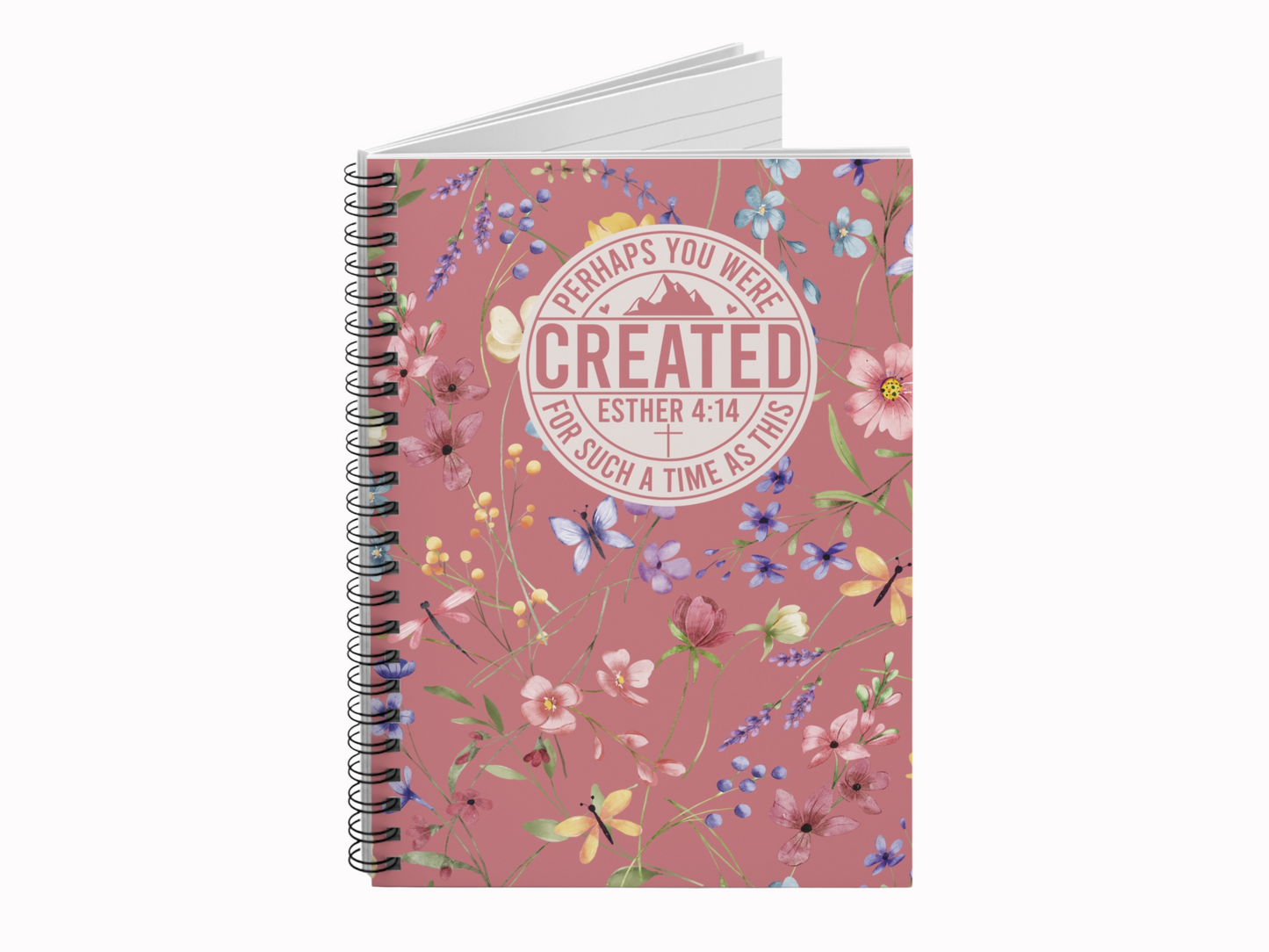 Floral religious journal with the quote "Perhaps you were created for such a time as this. Esther 4:14." The background is pink with colorful flowers.