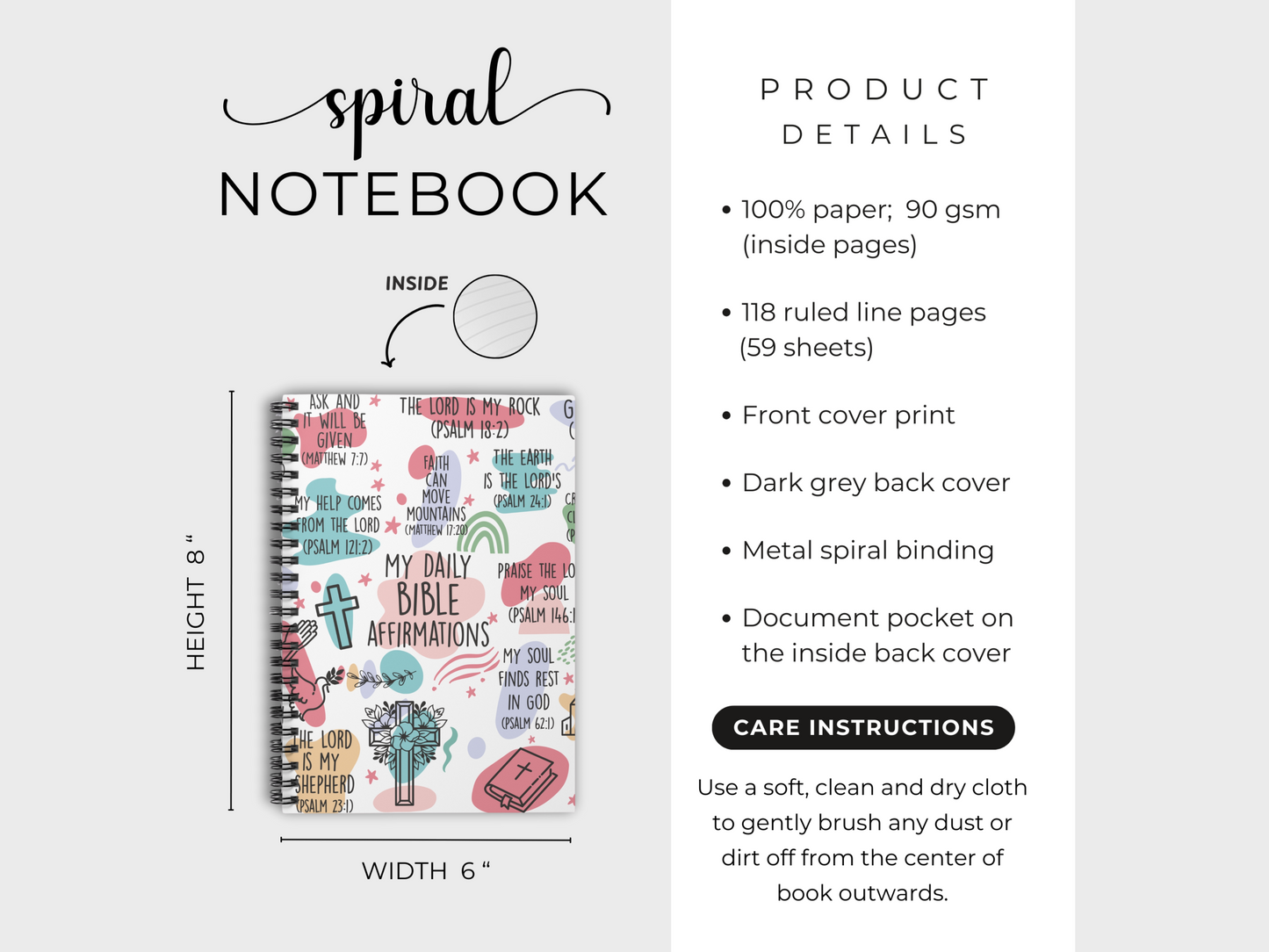 Colorful spiral notebook with Bible affirmations on the cover. Product details and care instructions to the right. Dimensions: 8x6 inches.