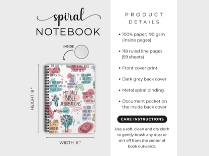 Colorful spiral notebook with Bible affirmations on the cover. Product details and care instructions to the right. Dimensions: 8x6 inches.