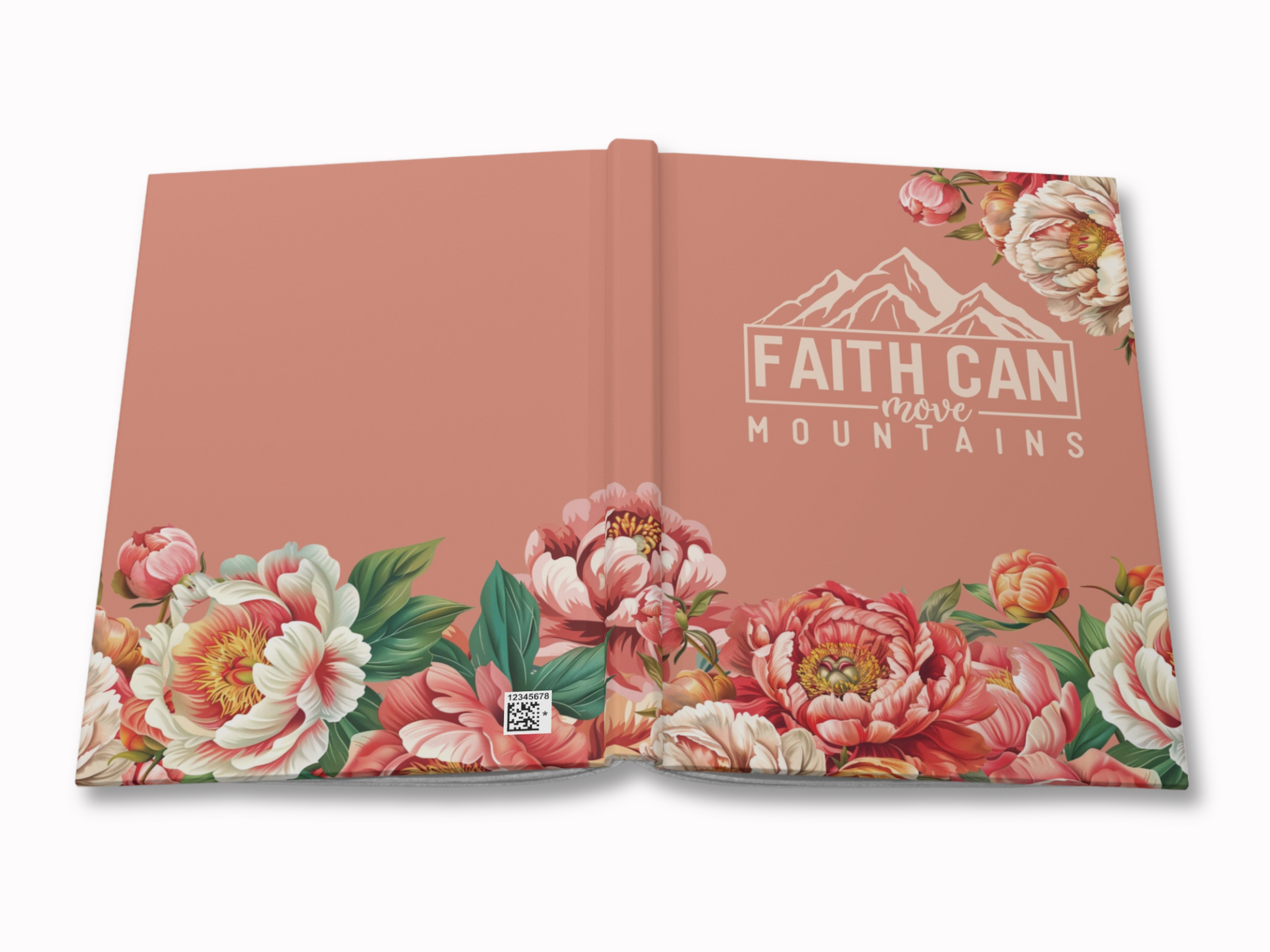 Closed notebook with a dusty pink cover featuring "Faith Can Move Mountains" text and white mountain design. Colorful peonies with green leaves border the bottom, creating an inspiring and optimistic tone.