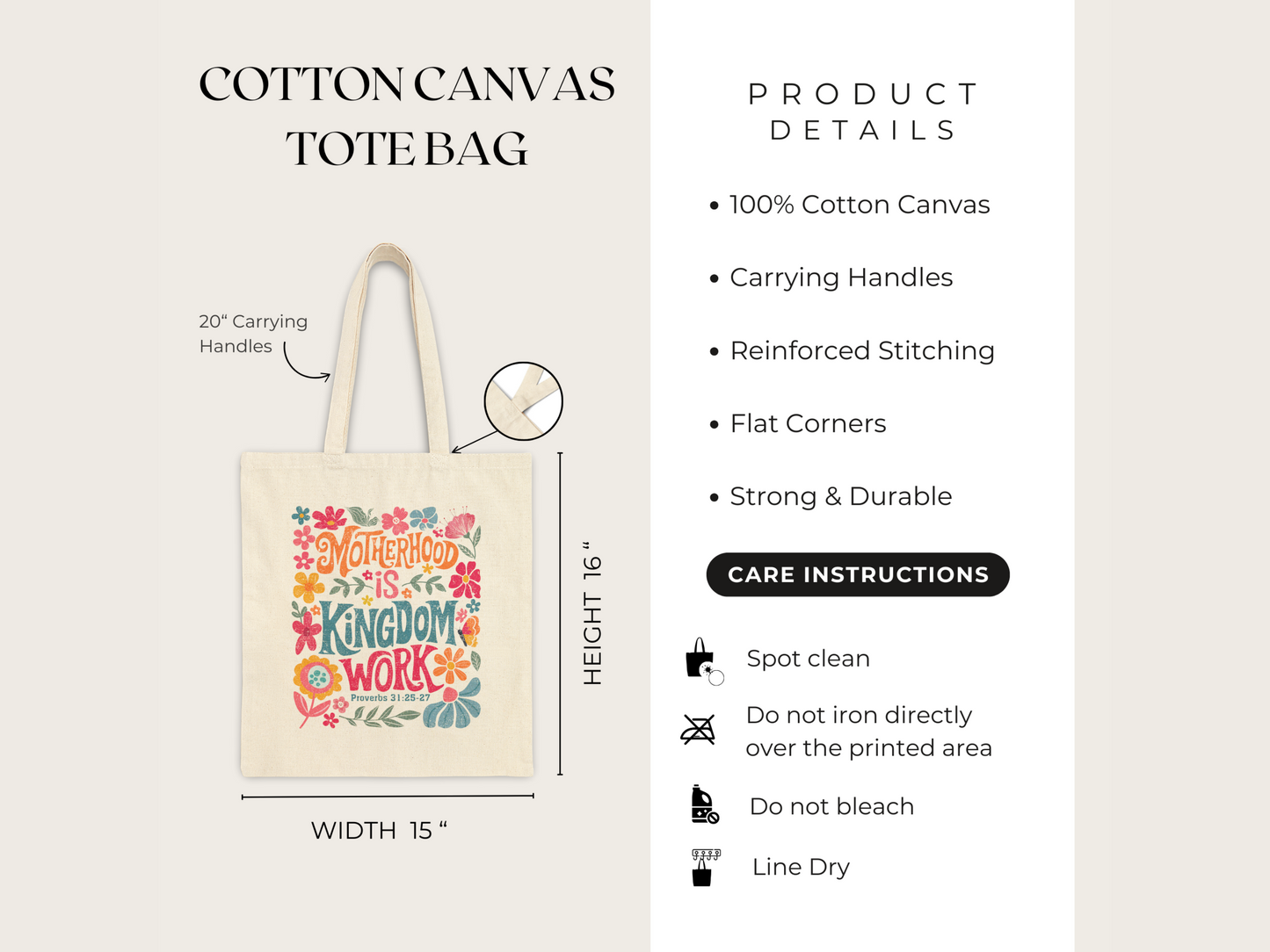 Cream-colored cotton canvas tote bag with floral design and text "Motherhood is Kingdom Work." Product details and care instructions on the right.