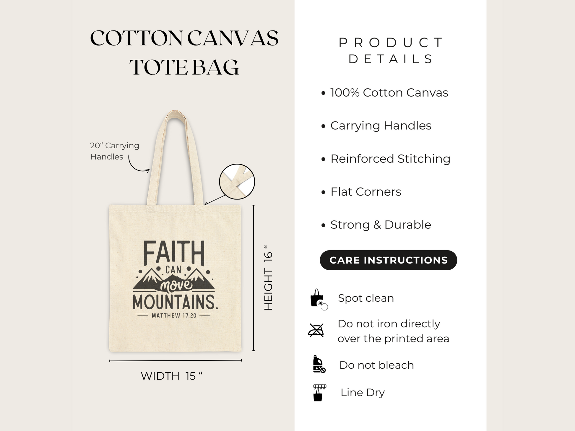 Cotton canvas tote bag with "Faith Can Move Mountains" text. Features include 20" handles and reinforced stitching. Product details and care instructions listed.