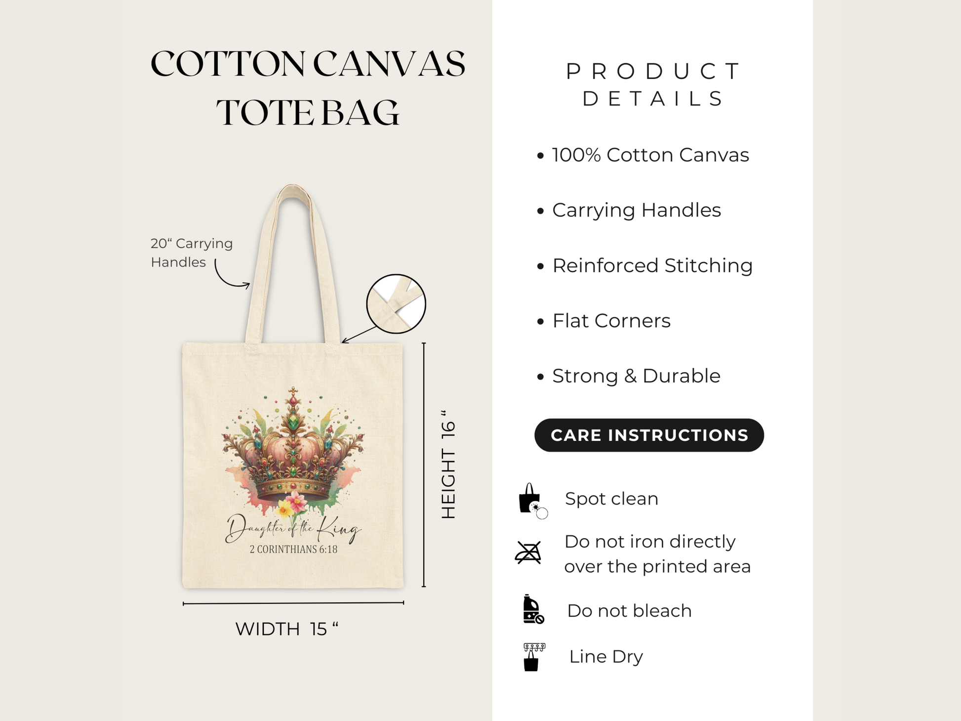 Text image of a cotton canvas tote bag with a decorative crown design labeled "Daughter of the King." Includes product details and care instructions.