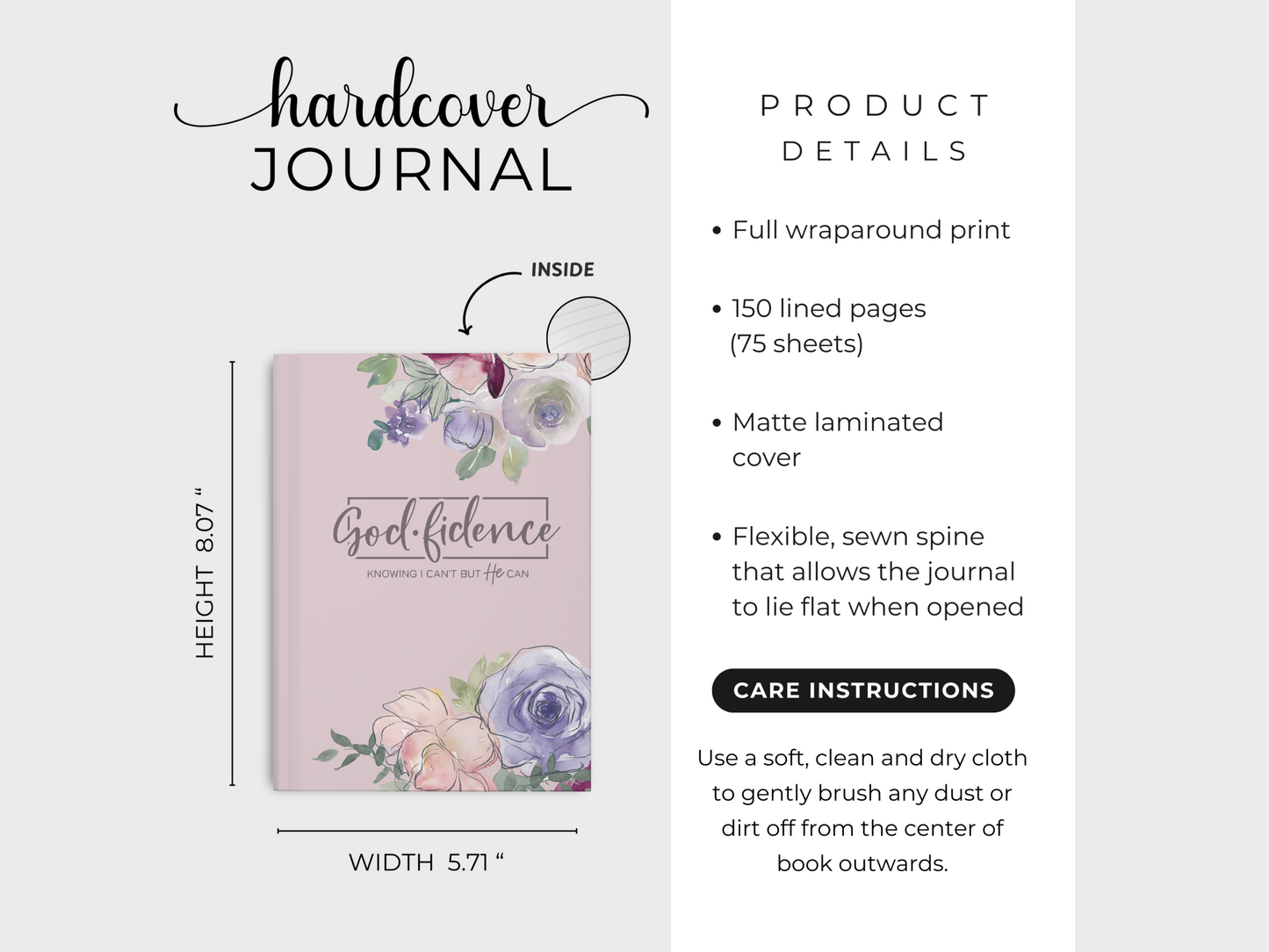 Hardcover journal with floral design and the word "Godfidence" on a pink cover; dimensions 8.07" x 5.71". It features 150 lined pages and a matte laminated cover.
