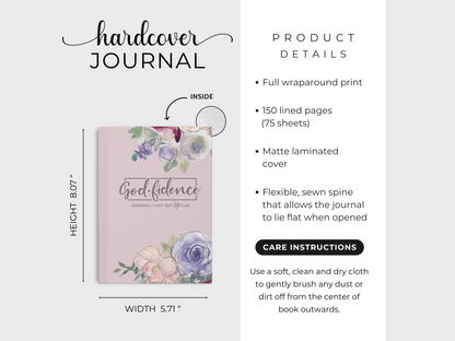 Hardcover journal with floral design and the word "Godfidence" on a pink cover; dimensions 8.07" x 5.71". It features 150 lined pages and a matte laminated cover.