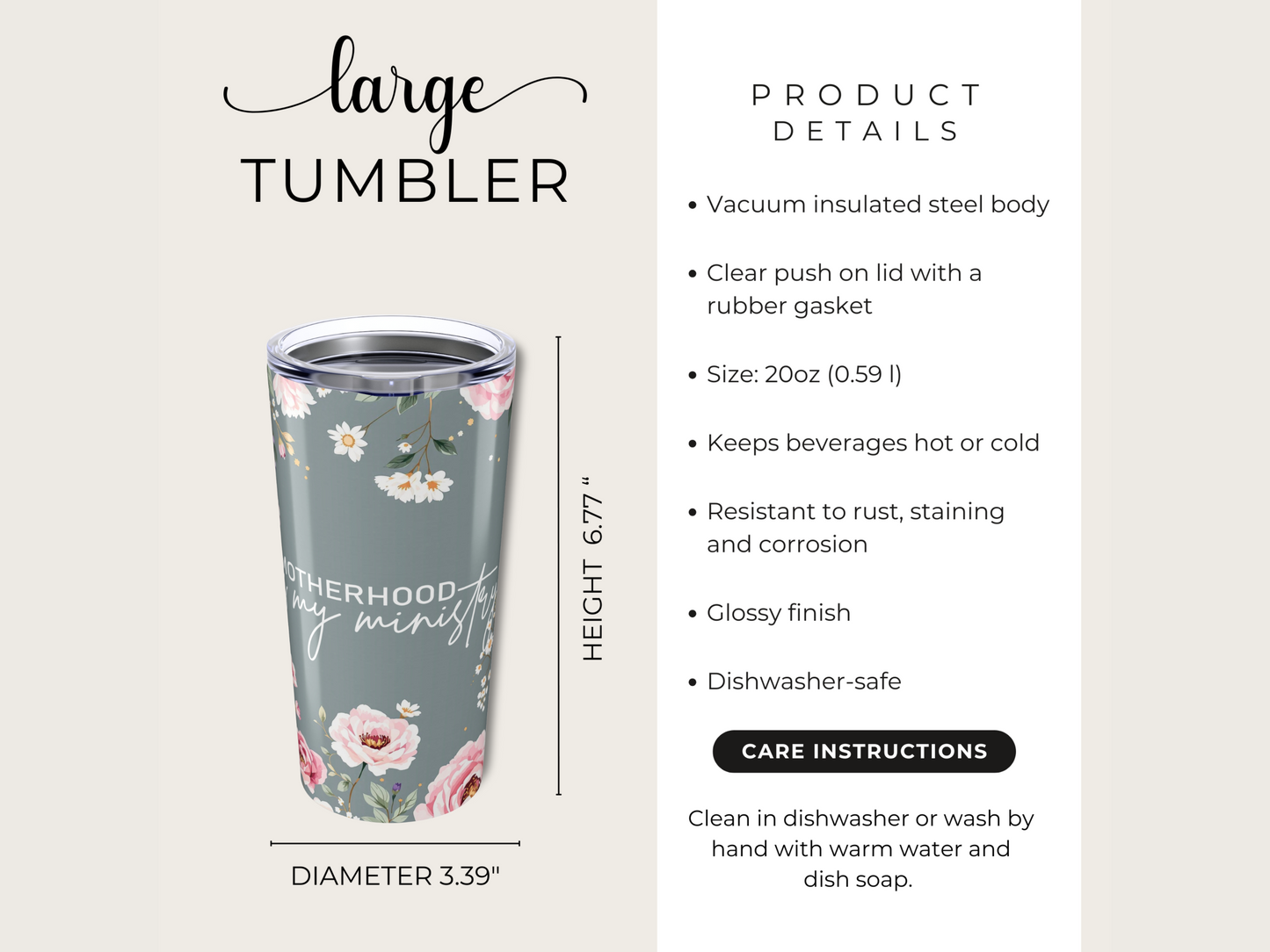 Large tumbler with floral design and text "Motherhood is my ministry." Features include vacuum insulation, rust resistance, and a glossy finish.
