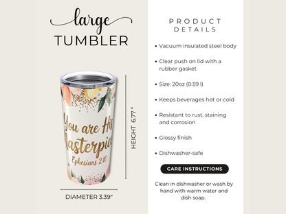 20 oz stainless steel tumbler with floral design and "You are His Masterpiece, Ephesians 2:10" text, alongside features like vacuum insulation, 20oz capacity, and dishwasher safety.