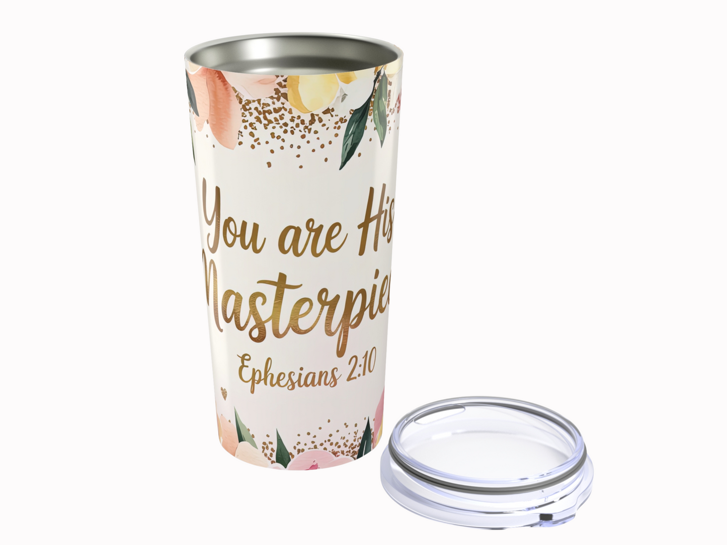 Floral Bible verse tumbler with "You are His Masterpiece, Ephesians 2:10" in gold script. Surrounding pastel flowers convey an uplifting, gentle tone.