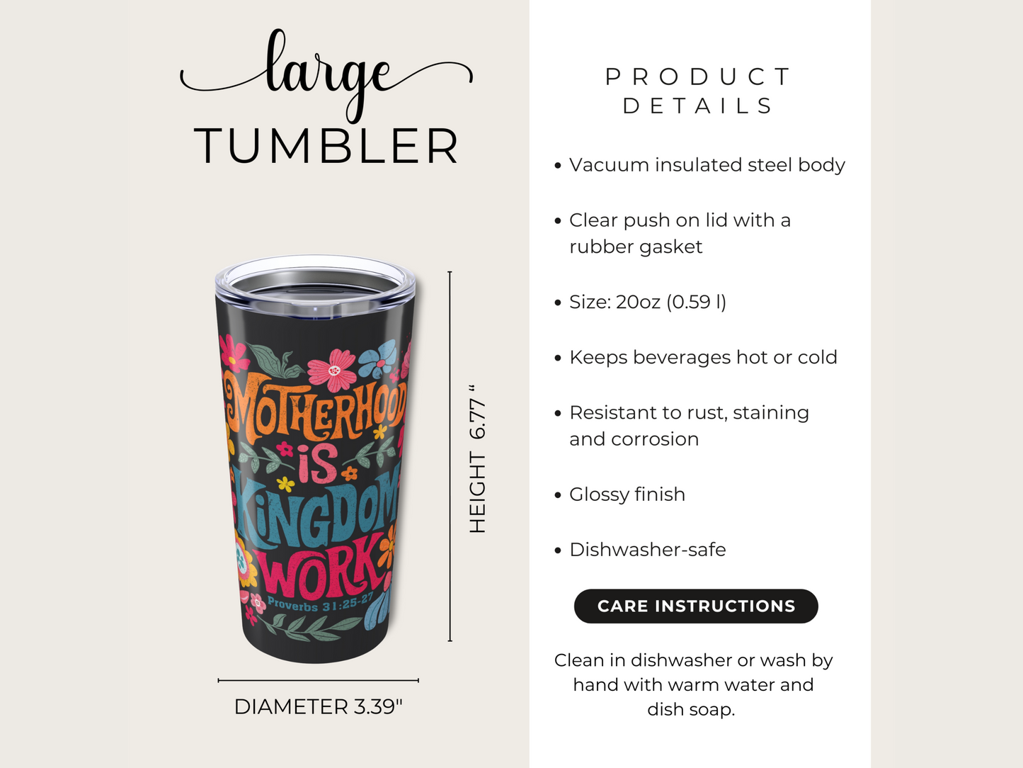 A large 20oz Stainless Steel Tumbler with colorful floral design and text "Motherhood is Kingdom Work" sits beside product details. Size: 20oz, insulated, glossy, rust-resistant.