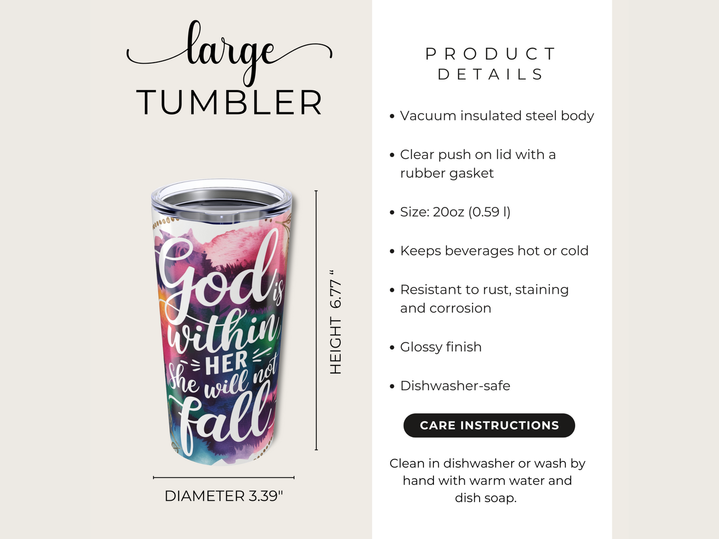 A colorful tumbler with the text "God is within her, she will not fall" printed on it. Product details highlight durability and insulation.