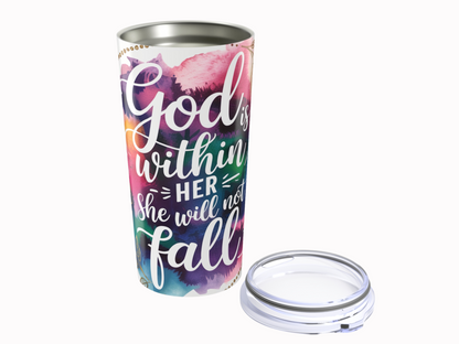 Colorful Christian tumbler with a motivational quote, "God is within her, she will not fall." The background features vibrant watercolor textures. A clear lid is beside it.