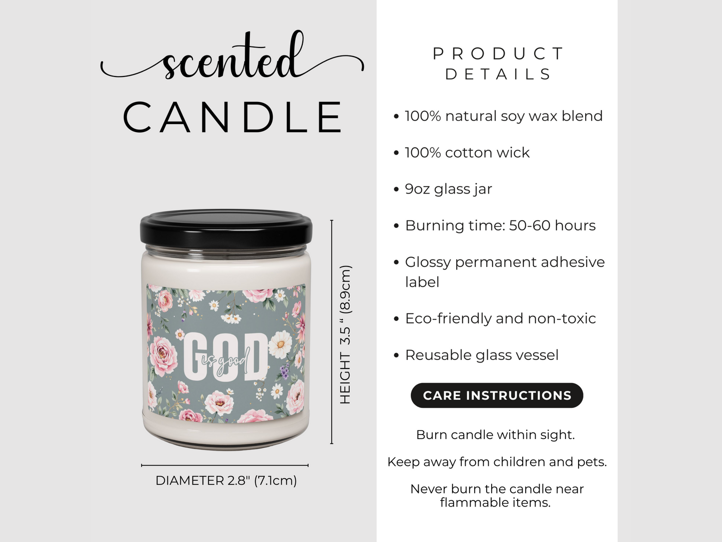 Scented candle with floral label text "God is good" in a 9oz glass jar. Product details include soy wax, cotton wick, 50-60 hr burn time. Eco-friendly.