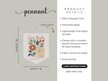 Product details of a decorative pennant with floral design and text on a gray background.